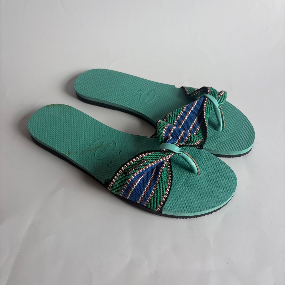 Havaianas Womens Mint Green Blue Woven Fabric Bow Flip Flop Sandals Size 9/10